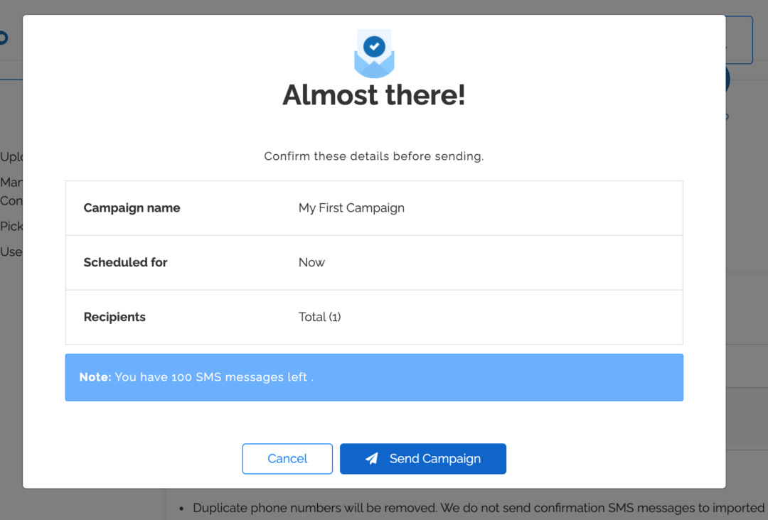 Confirm SMS API Campaign